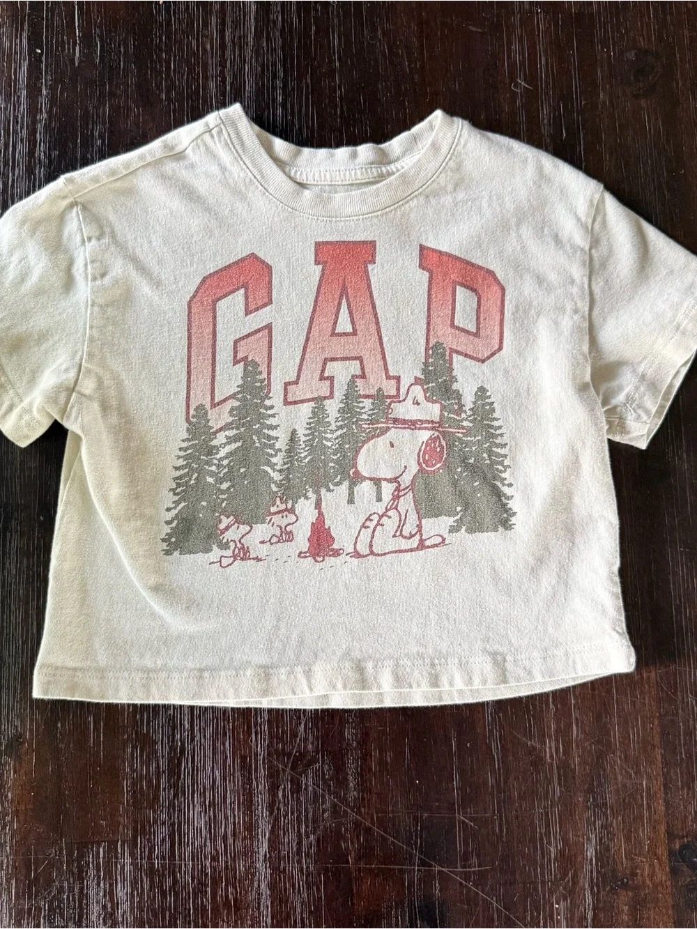 GAP Cream Kids Short Sleeve Tee with Red Logo & Forest Snoopy Graphic